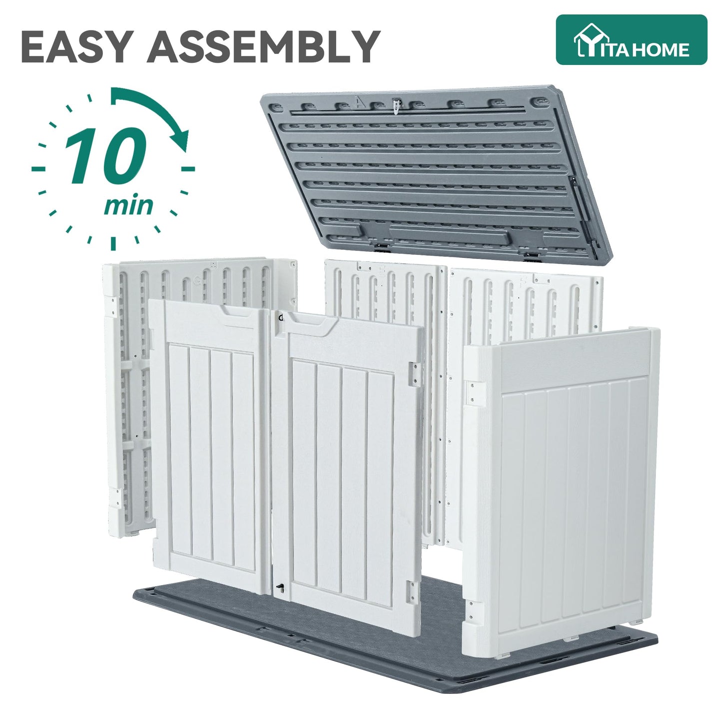 YITAHOME Large Outdoor Horizontal Storage Shed, 47 cu ft Resin Tool Shed w/o Shelf, Outdoor Waterproof Storage with Floor for Trash Cans, Garden Tools, Lawn Mower, Lockable, 4.5x2.8x3.9 ft, Light Gray