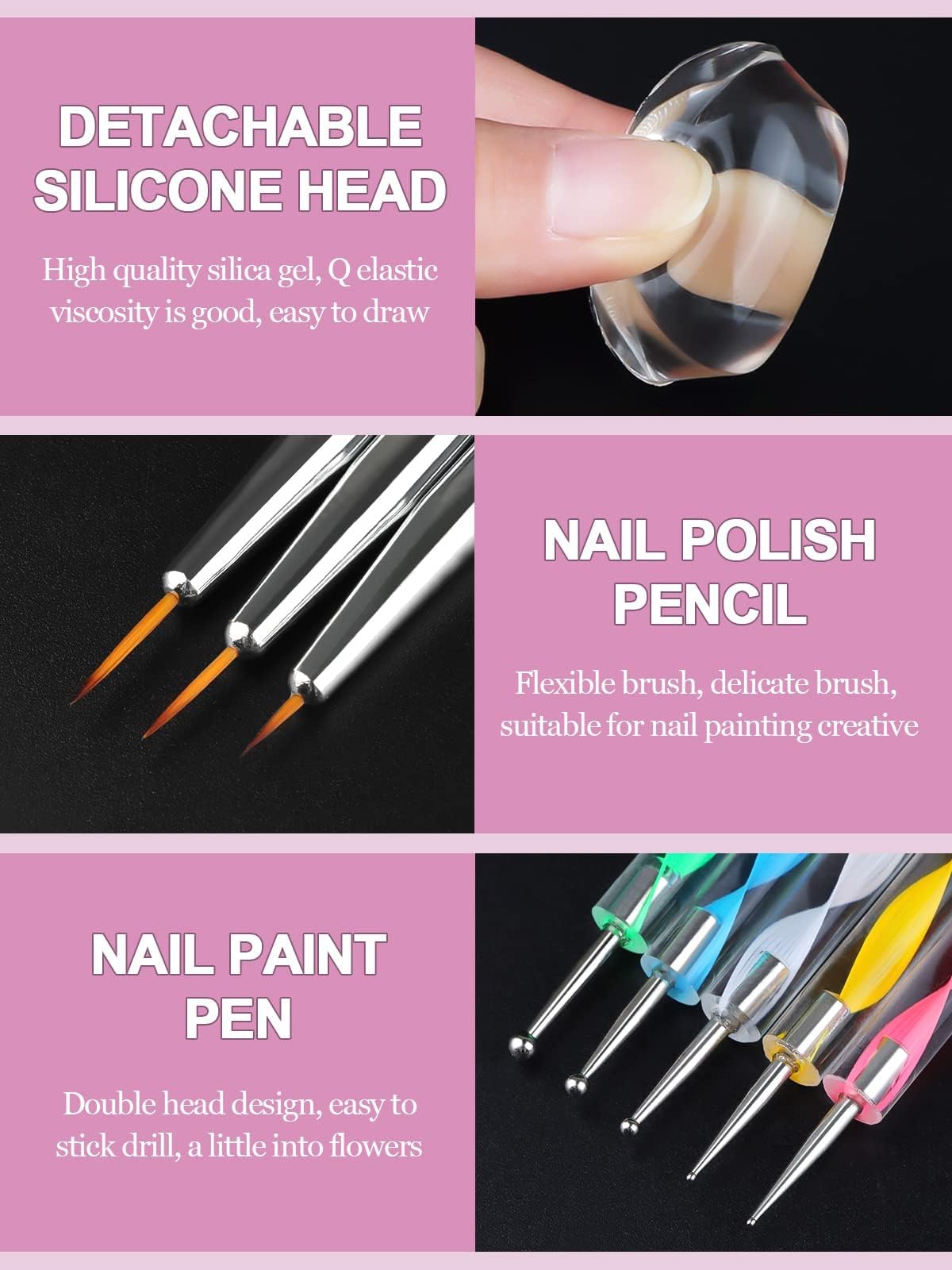 Kalolary Silicone Nail Stamper Set, French Tip Nail Stamp Jelly with Scraper, 3PCS Nail Detail Brush Set Nail Art Brush Pen, 5PCS Nail Dotting Pen, French Tip Nails Art Design Manicure Tools