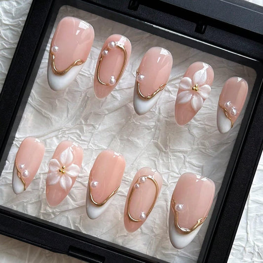 Spring Press On Nails MAGLFELL Handmade Almond Fake Nails, 3D Carving Floral and Pearl Design,10 Pcs Reusable ABS Material Acrylic Fingernail Tip Salon Artificial Nails Kit (Size S)