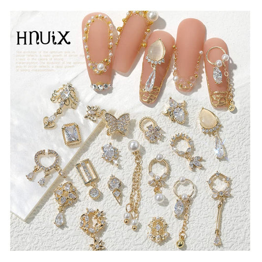 HNUIX Nail Charms and Gems - Gold Copper Zircon, Multiple Shapes, Metal Jewelry Rhinestones Charms, 24Piece