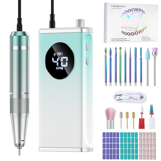 HOMEASY Electric Nail Drill, 40000RPM Professional E-Filer Rechargeable with 15 Drill Bits, Portable Nail File Electric Nail Filer for Acrylic Nails Gel Polishing Removing for Salon Home (Blue)
