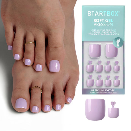 BTArtbox Press On Toenails - First Step, Easy-to-Apply Pastel Light Purple Short Square Toe Nail Press Ons with Glue and Adhesive Tabs in 15 Sizes - 30 Toenails All-in-One Kit