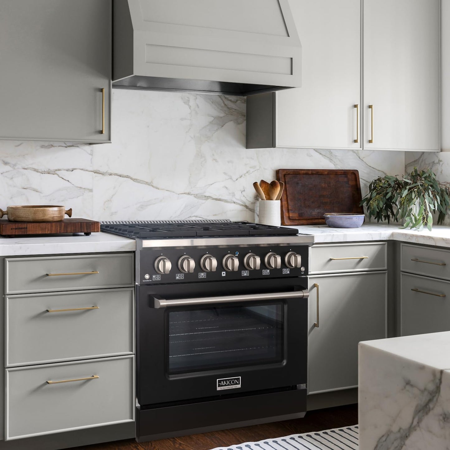 Akicon 36 Inch Freestanding Gas Range - Gas Oven Stove with 6 Sealed Burners, Heavy Duty Cast Iron Grates - 5.2 cu. ft. Capacity Rapid Convection Oven with Porcelain Interior (Black & Stainless Steel)