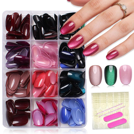 288Pcs Short Oval Cat Eye Shimmer Press On Nails, 12 Sizes Multi‑Color Glossy Glass Bead Fake Nails, Reusable Stick On False Nails for Women Daily Dating Party Holiday Manicure Gifts