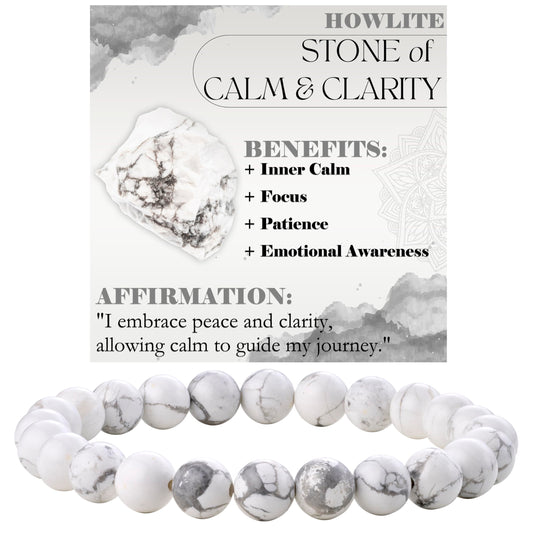 Howlite - Calm Clarity - 8mm Beaded Bracelets for Women Handmade Semi Precious Natural Stone Stretch Elastic Jewelry Yoga Protection Gifts