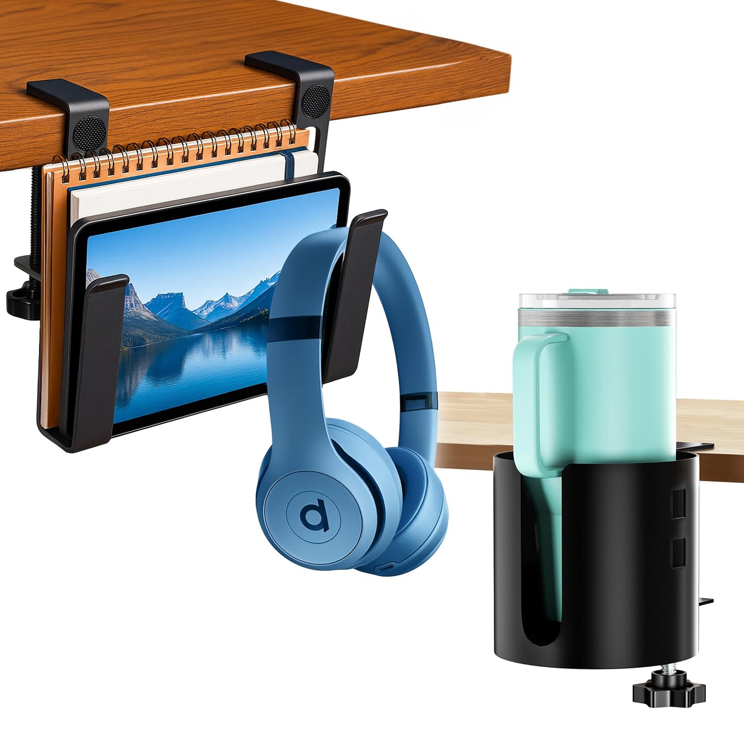 OOKUU Anti-Spill Cup Holder for Desk or Table & No Drill Adjustable Desk Side Laptop Holder