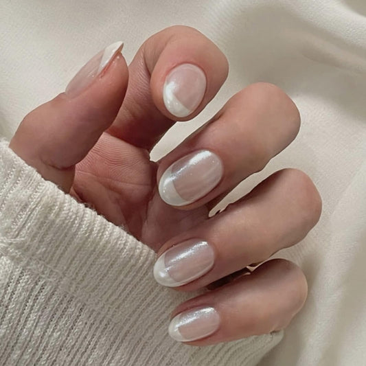 Mivota Oval French Press On Nails Short, White Tip Fake Nails with Sheer Pearl Base, Glossy Reusable Glue On Nails, Elegant French Manicure Stick On Nails for Women, 24 Pcs