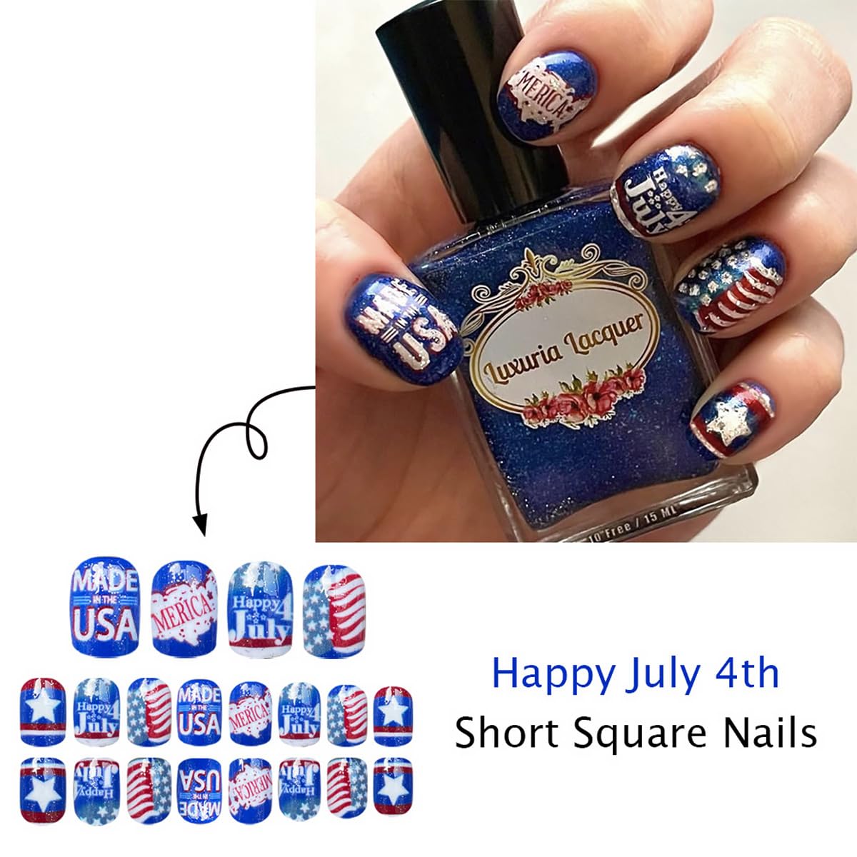 24Pcs Independence Day Press on Nails Short Square Fake Nails American Flag Star Letters False Nails with Happy 4th Of July Design Blue Glitter Glue on Nail Patriotic Stick on Nails for Women Manicure