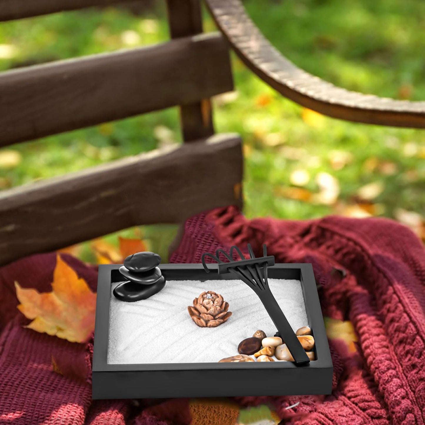 Mini Zen Garden Kit for Desk 6x6 inch with Wooden Lotus Flower, 3 Zen Stones, Pebbles, Home Office Desk Decorations (Wooden Lotus Flower)
