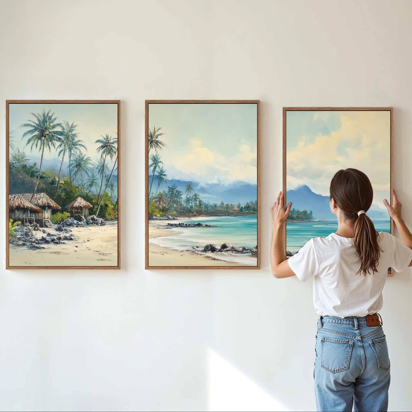 Rantodecor Tropical Coastal Framed Canvas Wall Art, Beach Landscape Posters Wall Decor, Island Palm Trees Beach House Art Paintings, Seascape Mountains Artwork for Bedroom Living Room Office 16"x24"x3