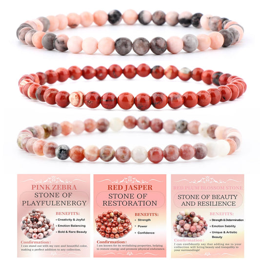 NCB 3-Piece 4mm Natural Crystal Gemstone Stretch Bracelets – ﻿Pink Zebra, Red Jasper, Red Plum Blossom Stone Handmade Reiki Energy Healing Jewelry for Meditation,Yoga, Unisex