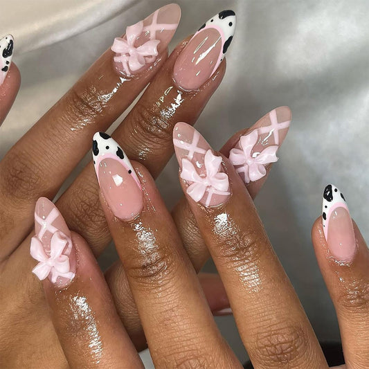 24 Pcs Pink Almond Press on Nails Short Medium Fake Nails with Glue, Reusable Press on Nails Acrylic Artificial Nails, Cute French Tip False Nails with Bow Cow Pattern Design Almond Nails for Women