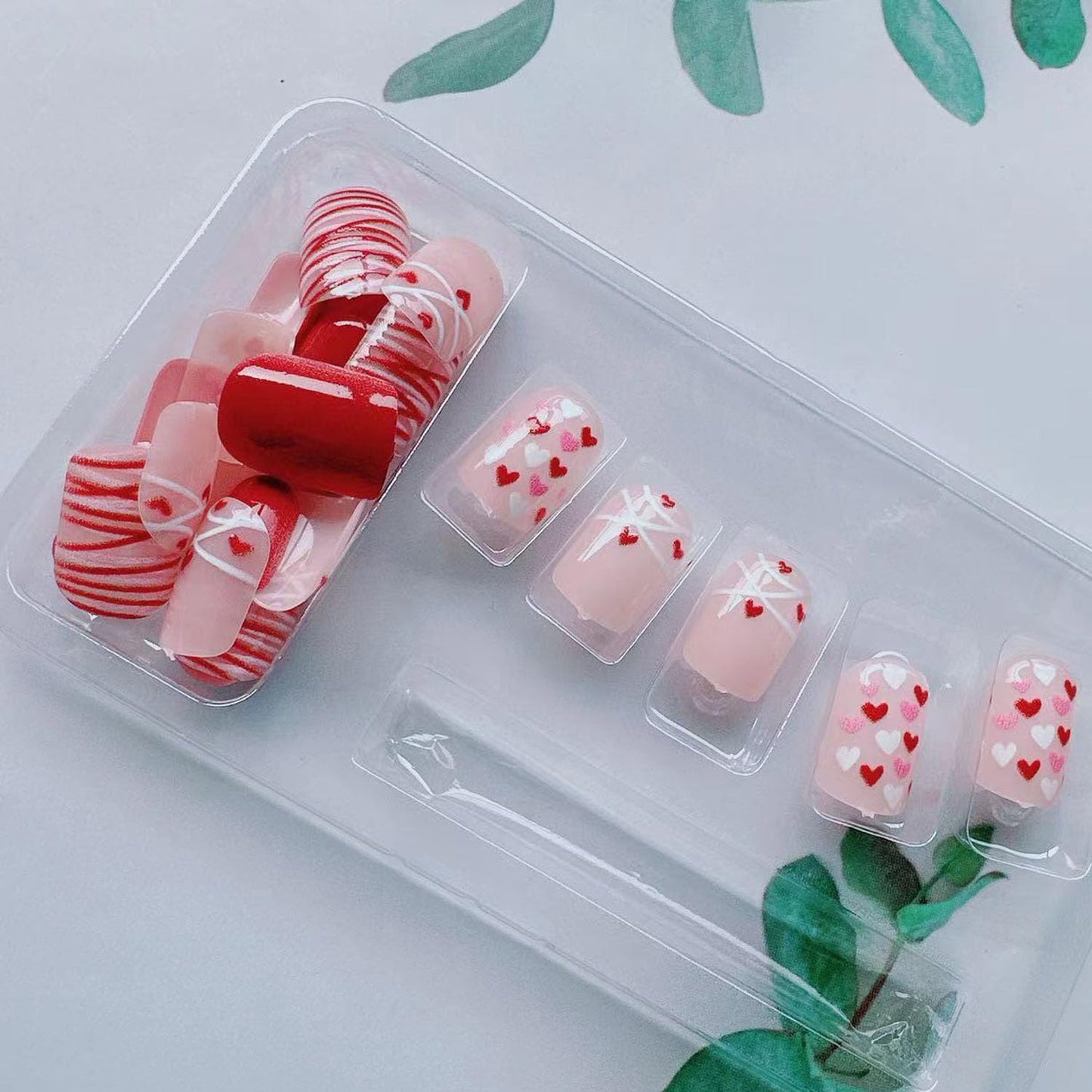 Valentine's Day Press on Nails Square Short Fake Nails Pink False Nails With Red Heart Line Designs Glossy Full Cover Stick on Nails Acrylic Love Heart Press On Nails DIY Manicure for Women 24Pcs