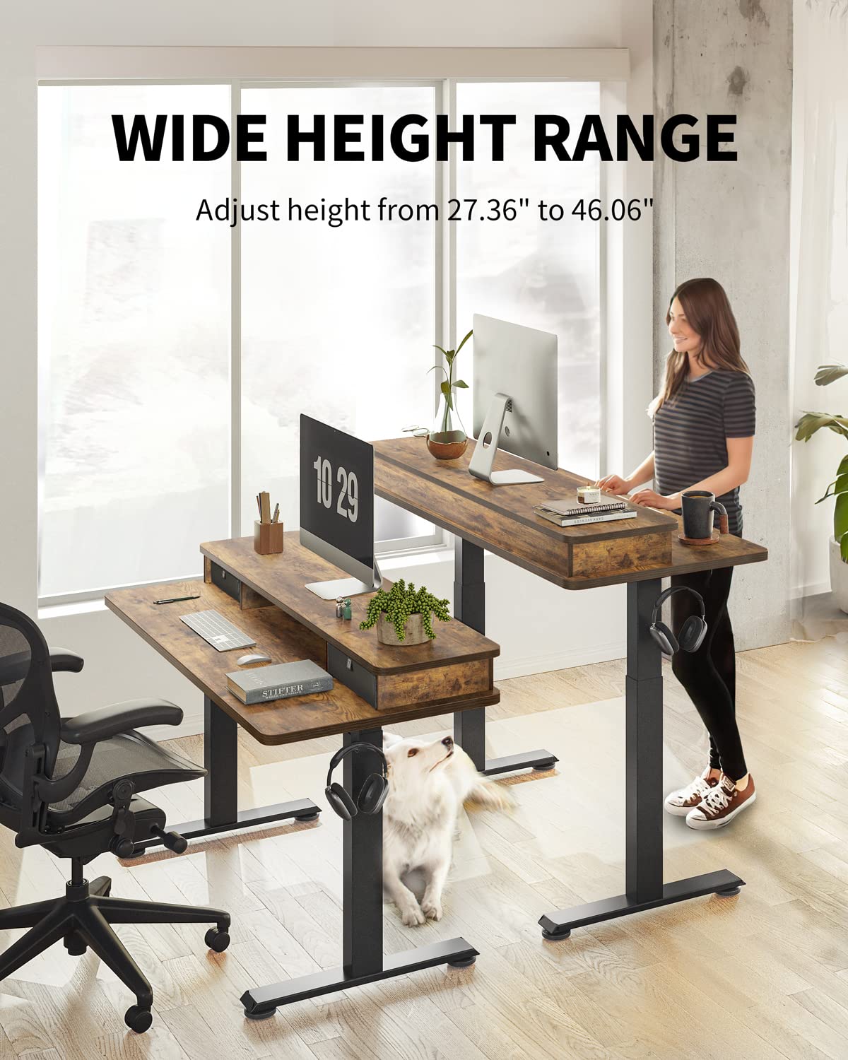 BANTI 55''x24''Standing Desk with Drawers, Adjustable Height Stand Up Desk with Storage Shelf, Sit Stand Home Office Desk with Splice Board, Black Frame/Rustic Brown Top