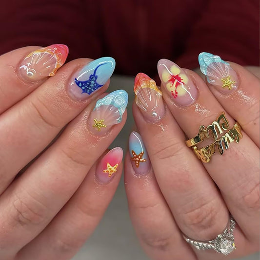 24Pcs Medium Almond Press on Nails Blue French Tip Fake Nails 3D Gold Starfish Shell Press ons with Pearl Glitter Glue on Nails Summer Beach False Nails Cute Stick on Nails for Women Girl Acrylic Nail