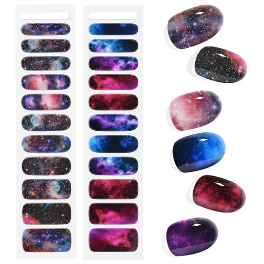 SILPECWEE Semi Cured Gel Nail Strips (Galaxy, Starry Sky Star - 22PCS), Gel Stickers Full Nail Wraps Need UV Light, Salon Quality & Easy to Use Manicure Sticker Nails for Women Girls