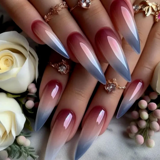Solid Color Press on Nails Extra Long Artificial Acrylic Gradient Blending Blue Red False Nails with Design Almond Full Cover Glossy Reusable Stick on Nail Artificial Fingernails for Women Manicure