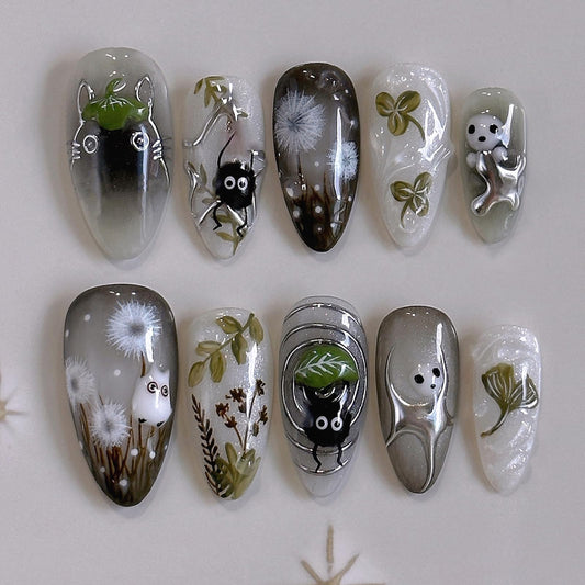 IMRAIN Press on Nails Medium Almond Fake Nails with Cute Pattern Design Glossy Black Ombre Acrylic False Nails Full Cover Glue on Nails Artificial Nail Supplies for Women Girl Nail Decoration