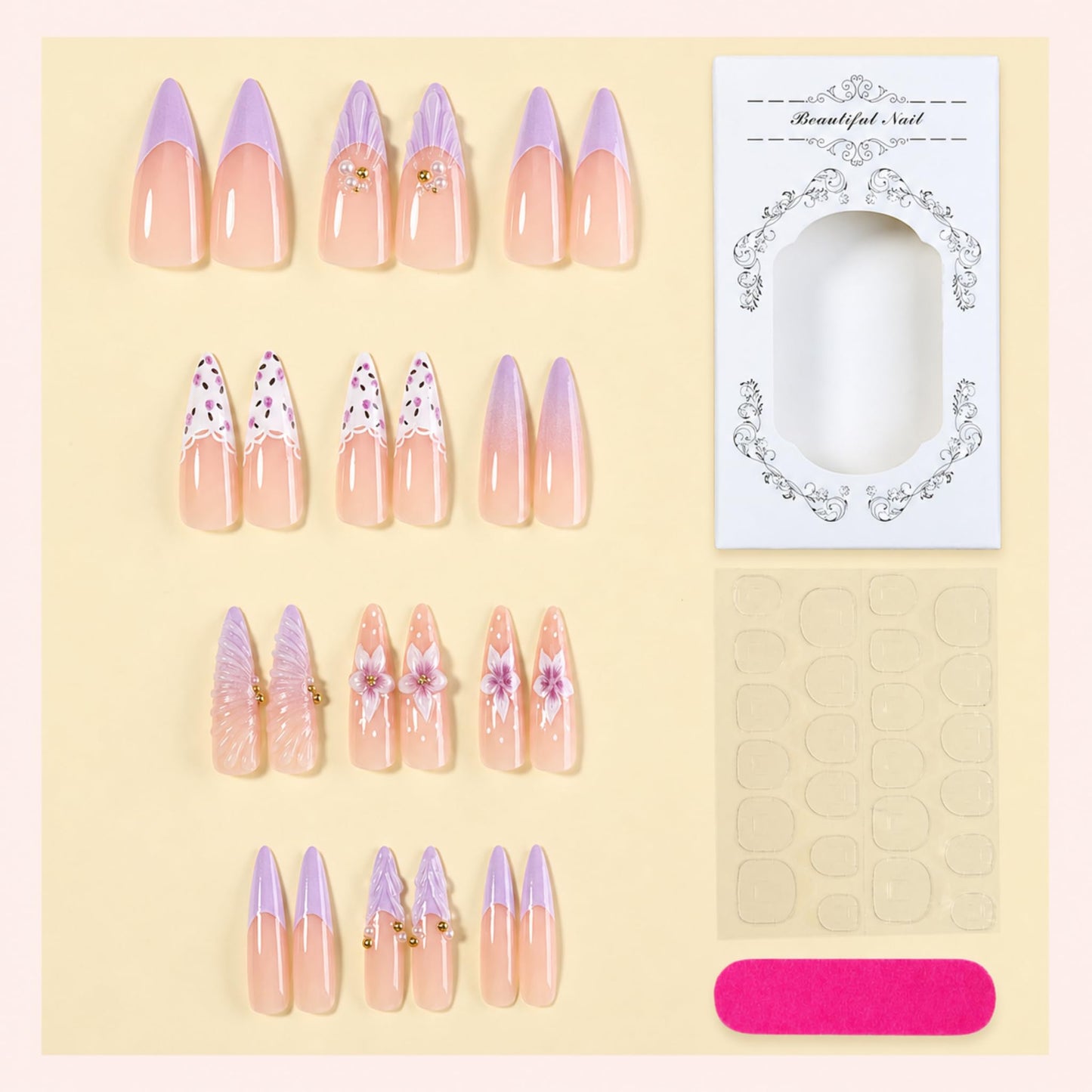 Long Press on Nails Almond Fake Nails Lavender Artificial Nail 3D Flower Shell Tip Pearl Gold Bead Floral French Glossy Stick on Nail Fairy Garden Look for Women 24pcs