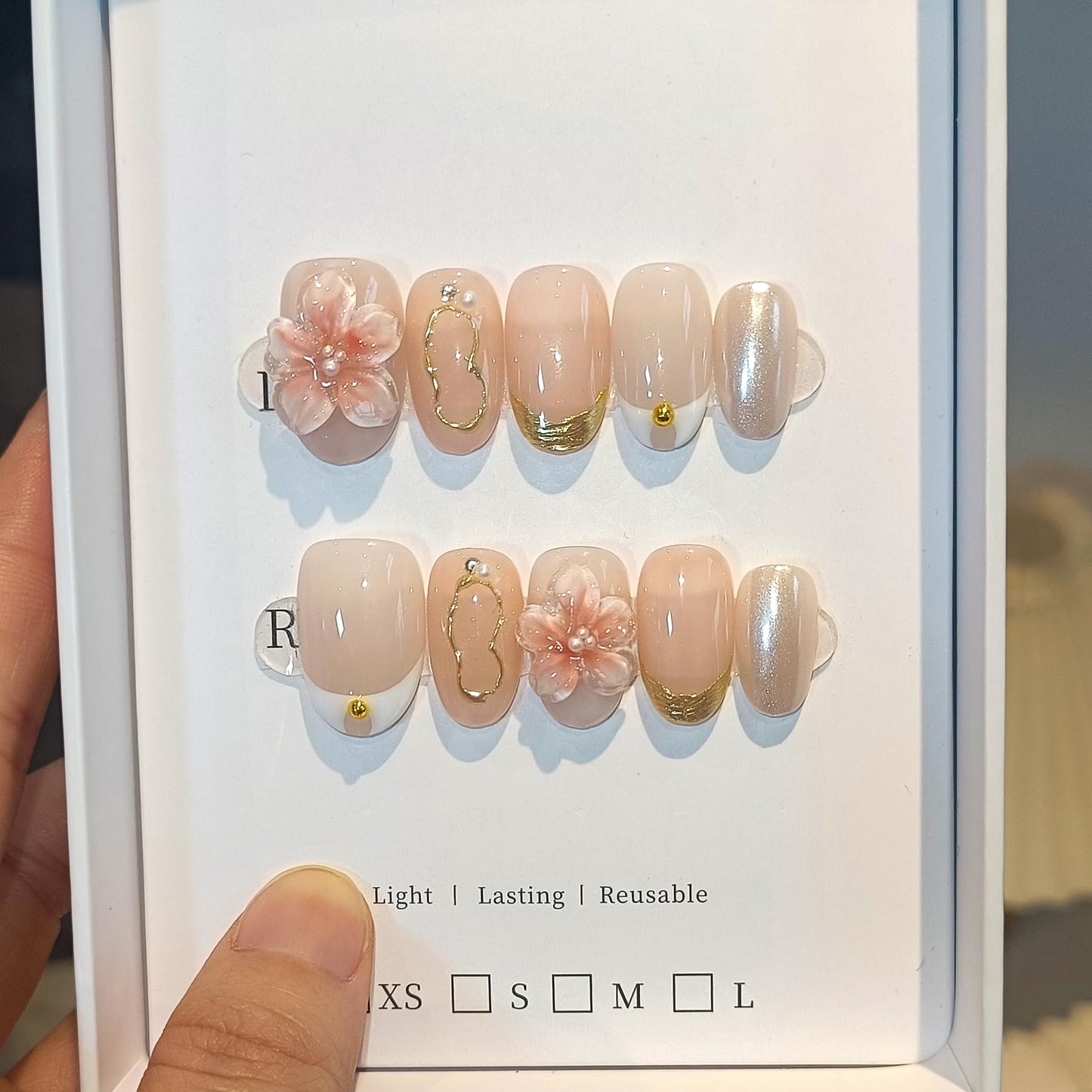 TENPAL Handmade Short Oval Fake Nails Kits,Glossy 3D Floral Iridescent White French Tips Press on Nails,Nude Pink Soft Gel Fake Nails 10pcs Kits,Full Cover Cute Nails with Designs for Daily(L Sizes)