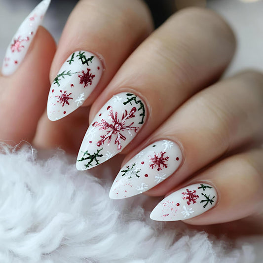 Christmas Press on Nails Short Almond Fake Nails Glitter White False Nails with White Red Green Snowflake Design Full Cover Snowflake Acrylic Nail for Women DIY Manicure Decoration 24 Pcs
