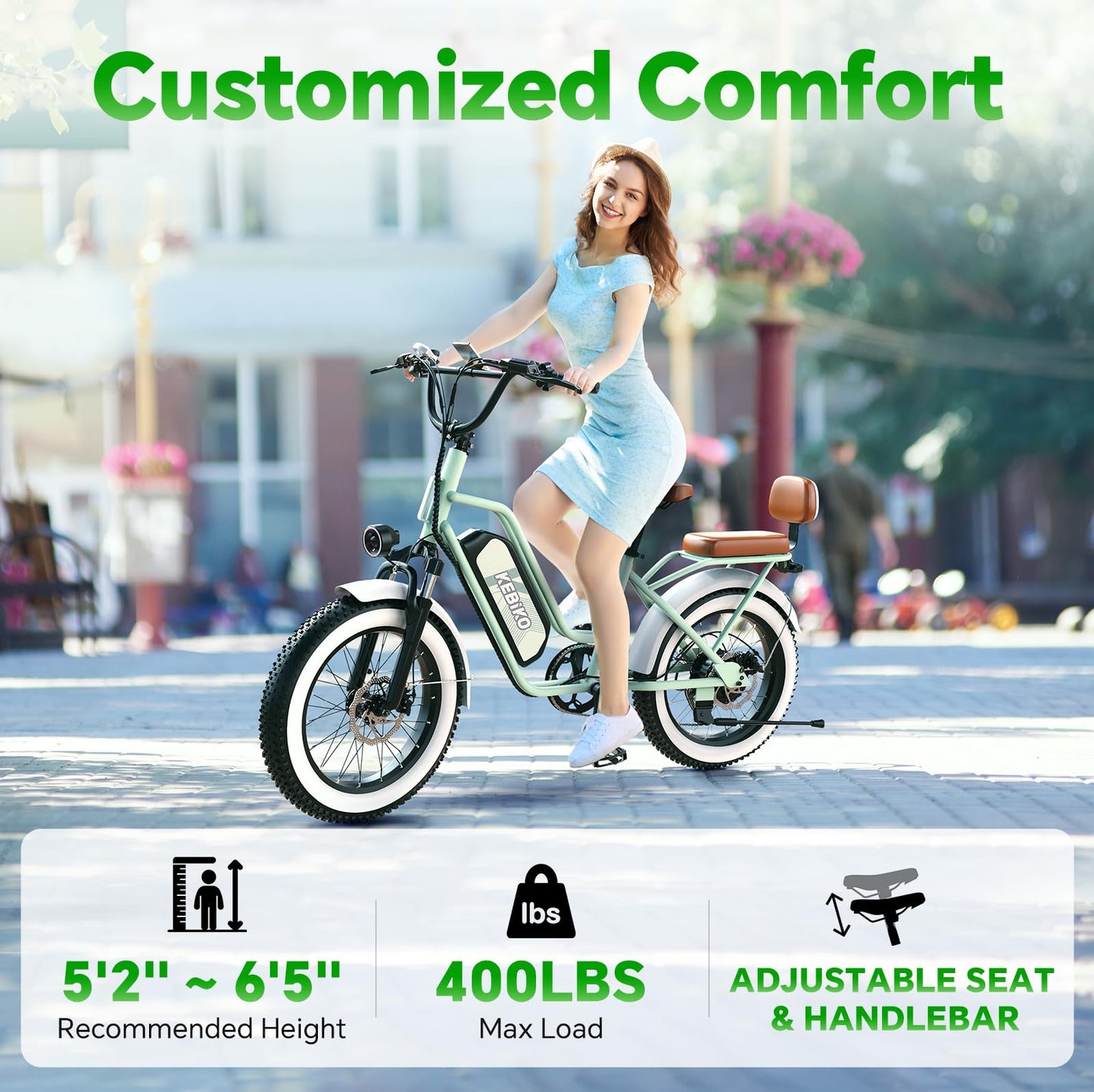 2 Seater Electric Bike, 1300W Peak (750W) Motor Ebike, 48V 20AH Removable Battery, 20"x 4.0" Fat Tire Electric Bike, Commuter Electric Bicycle for Adults,with Folding Basket, Green
