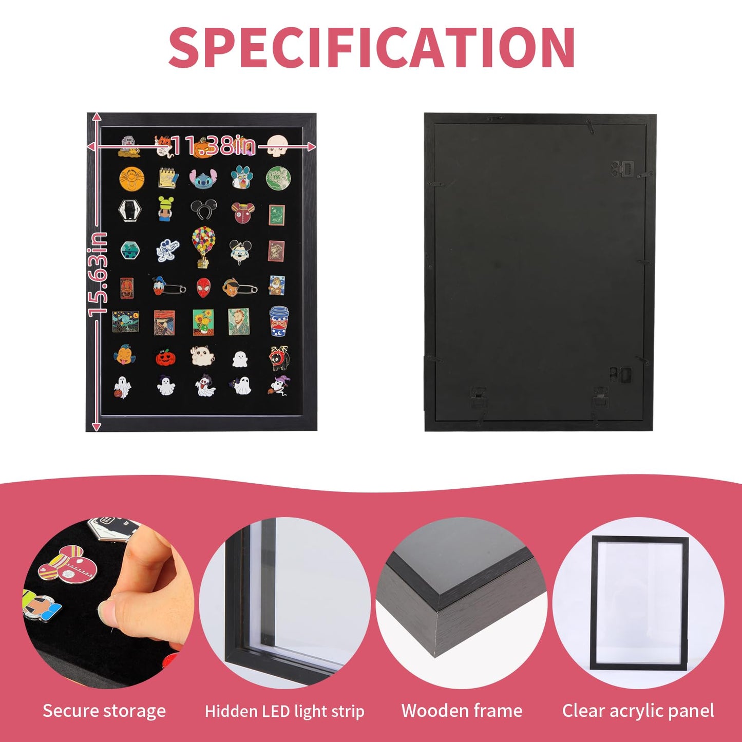swakuszy Light Up Pin Display Case – 16x12 Black Enamel Pin Display Board with Light, Pin Holder and Pin Collection Display Frame, Pin Display for Wall or Tabletop, Pin Board for Enamel Pins