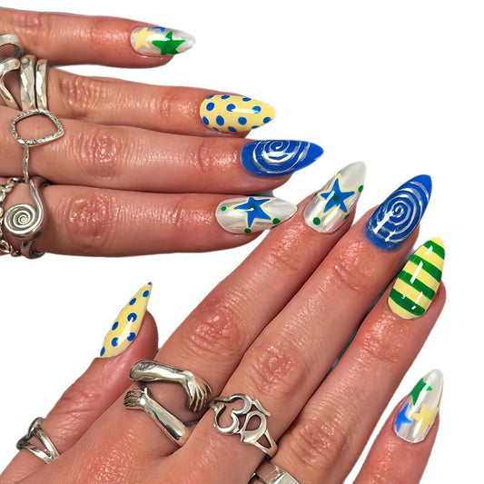 Long Press on Nails Almond Fake Nails Multicolor Artificial Nail Star Spiral Stripe Polka Dot Glossy Stick on Nail Fun Retro Pop Style for Women 24pcs