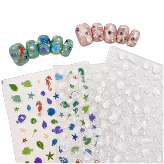 SIMAYKUWA Summer Ocean Style 5D Embossed Dream Shell Starfish Jellyfish Beach Nail Stickers - DIY Nail Art Decorations for Summer Vacation A Set of 3 Sheets