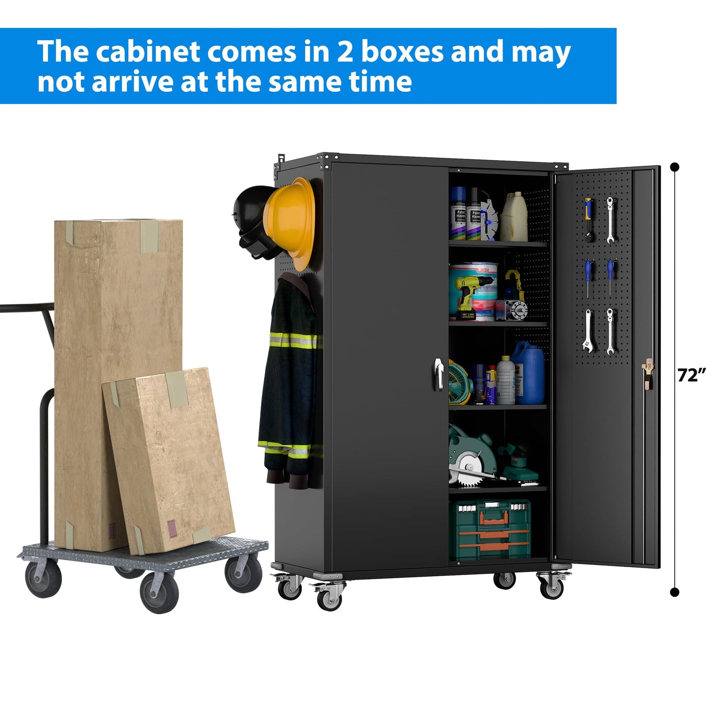 2025 Upgraded Wide & Deep Garage Storage Cabinet with Wheels, Lockable Metal Storage Cabinet with Pegboards and 9 Hooks, 2 Tool Pouches for Garage,4 Adjustable Shelves (Black,43''W x 22''D x 72''H)