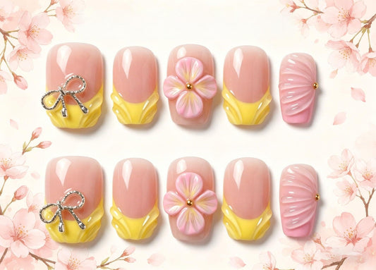 Short Square Press on Nails Handmade 3D Cute Glue on Nails for Women, Luxury Homemade Press on Nail Art Design, Fake Nails with 3D Nail Charms Size M 5
