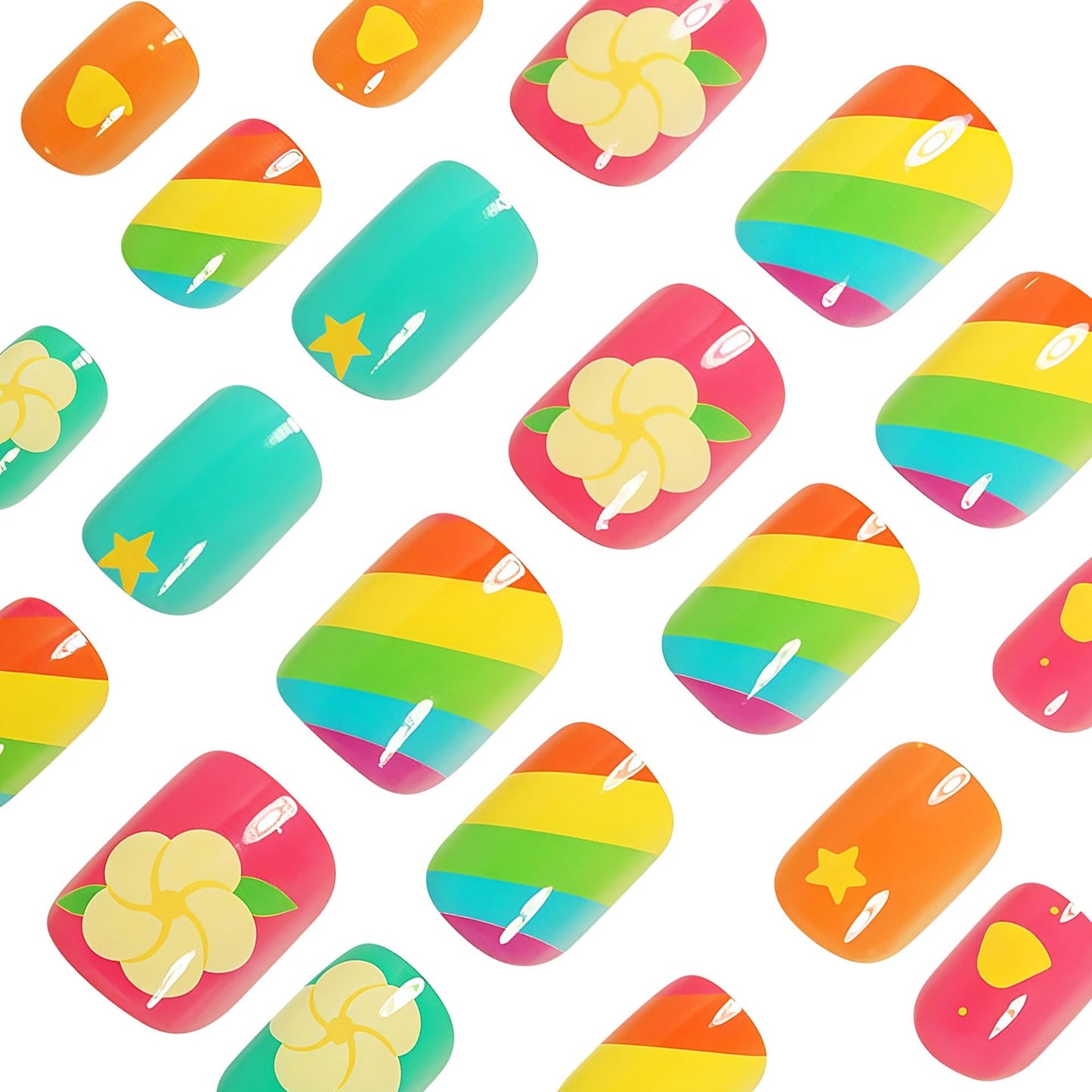 CTTHNBD Short Press on Nails Square - Colorful Fake Nails with Flower Star Design - Summer, Cute False Nails Press ons - for Women 24 Pcs