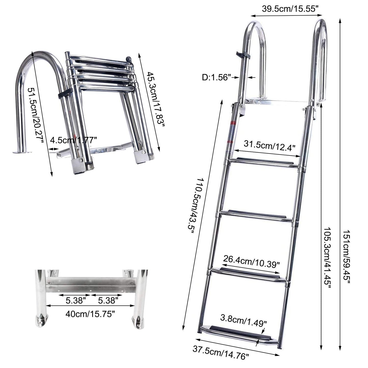 Amarine Made Boat Ladder 4 Steps Removable Premium Stainless Folding Rear Entry Pontoon Boat Ladder w/Extra Wide Step