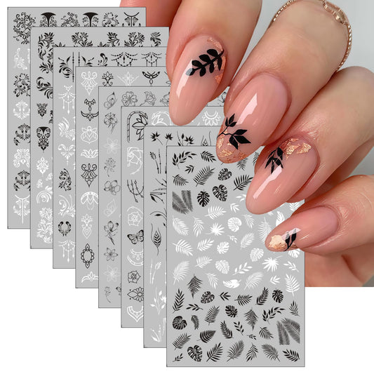 8 Sheets Flower Vintage Vine Nail Stickers, 3D Self-Adhesive Vintage Flower Pattern Nail Decals Black and White Leaf Flowers Nail Design Butterfly Pegatinas Uñas for Women Girls Nail Art Decoration