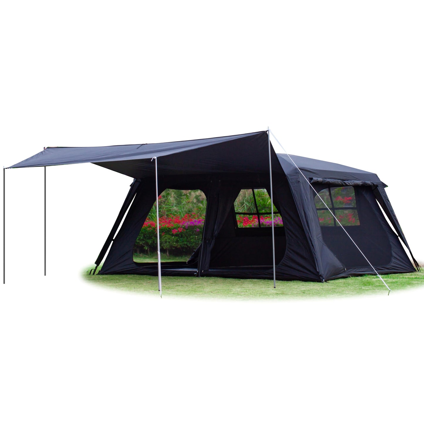 KTT Extra Large Tent 12 Person,Awning Family Cabin Tents,2 Rooms,4 Doors and 4 Windows with Mesh,Straight Wall,Waterproof,Double Layer,Big Tent for Outdoor,Picnic,Camping,Family Gathering(Black)