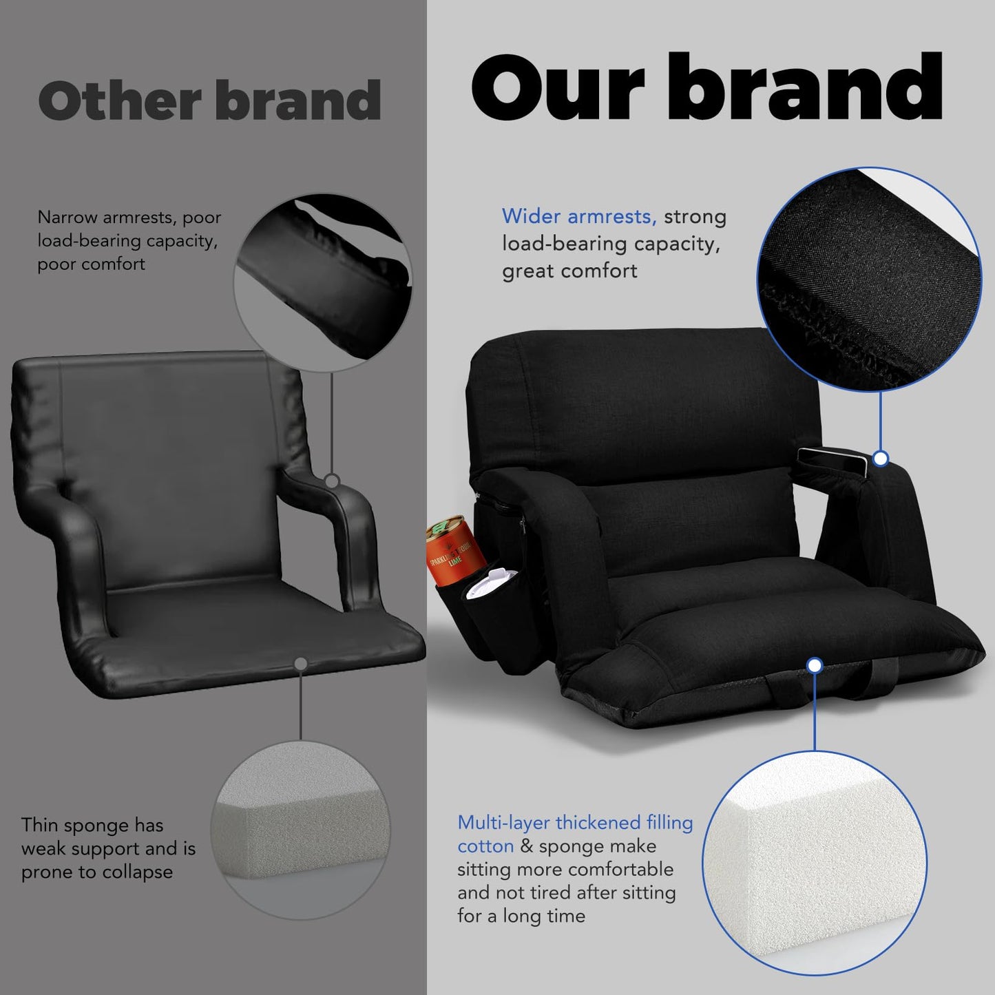 Wide Stadium Seats With Back Support 2 Pack, Exclusive "Sofa Style" Design Extra Thick Bleacher Chairs With Back and Cushion, 6 Reclining Positions - Ultimate Comfort for Sports Events (Black, 22.5")
