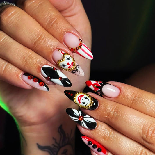 SEENEEY Almond Press on Nails Long Fake Nails Red and Black Artificial Nail Clown Poker Designs Rhinestones Stick on Nail for Women 24pcs