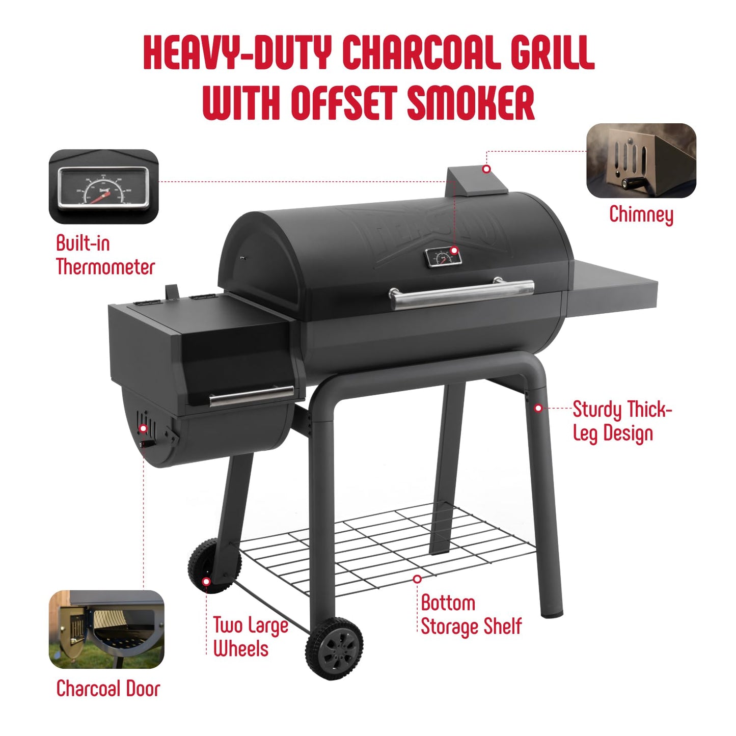 Feasto BBQ Charcoal Grill with Offset Smoker Grill and Side Table, 30-In Heavy-Duty Outdoor BBQ Grill with 832 Sq. In. Cooking Space for Outdoor Barbecue in Backyard, Patio and Parties, Black