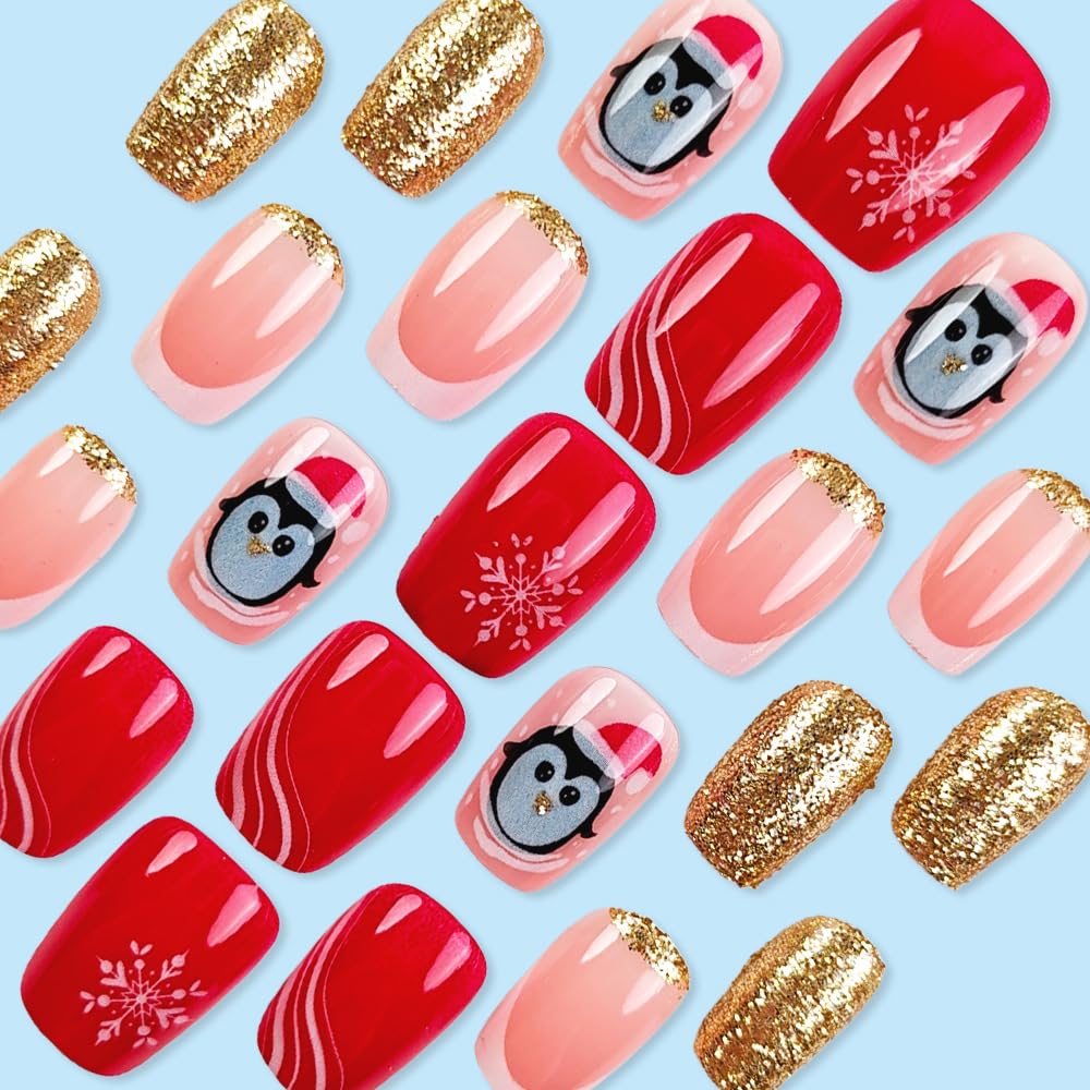 Christmas Press on Nails Short Winter Fake Nails Red Stripe Snowflake Penguin with Designs Candy Cane Glitter on Nails Acrylic Nails Press ons Artificial Nails for Women 24Pcs