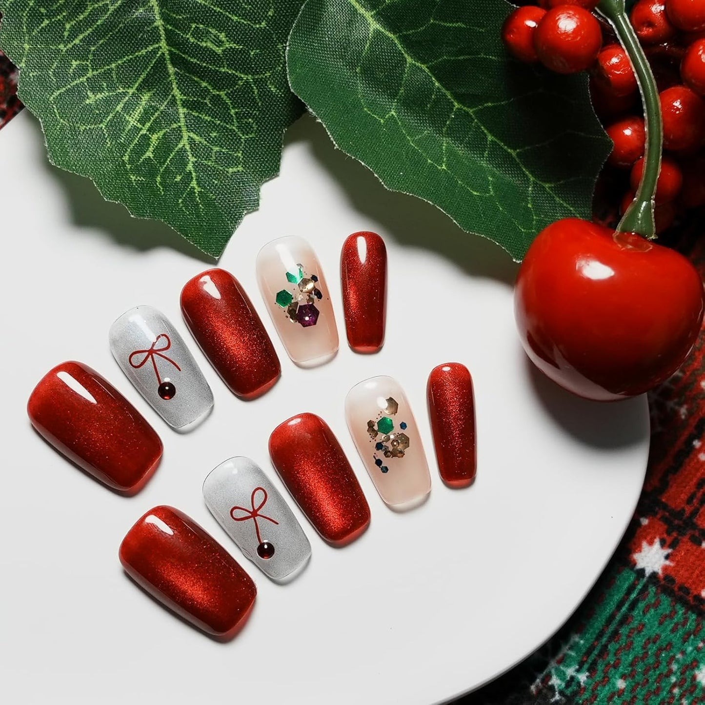 Tesytto Handmade Red Cat Eye Press on Nails Short Coffin - Luxury Coquette Bow Design, Blue Glitter & Red Ombre Fake Nails, Salon Quality Reusable Nails (Holiday Wishes,S)