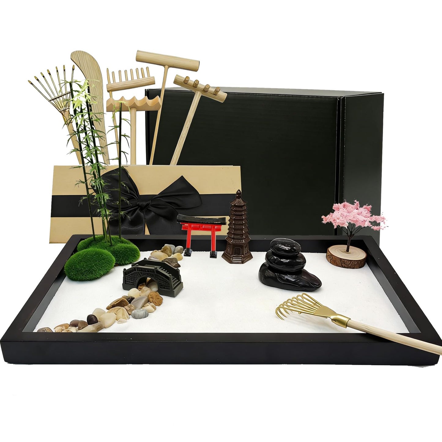 Flasunire Zen Garden Kit - Mini Zen Sand Garden Beautiful Japanese Gift Set Decor, 12.5 x8in Sand Tray, Meditation Gifts, Sand Tray Therapy Desktop Meditation Room, 15 Accessories and 6 Tools