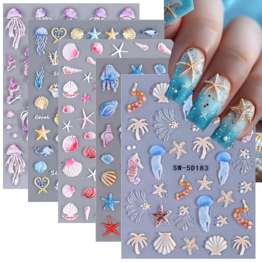 Ocean Nail Stickers 5D Embossed Seashell Nail Stickers 3D Self-Adhesive Blue Starfish Summer Nail Decals with Designs Purple Jellyfish Coral Nails Manicure Accessories for Women 5 Sheets