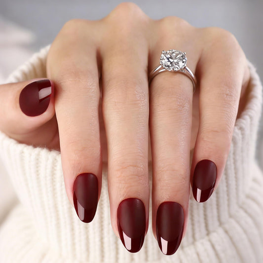 Press On Nails Short Almond Dark Red Nails with Glossy French Tips in a Matte Finish 16 Sizes - 32 Nail Kit with Glue