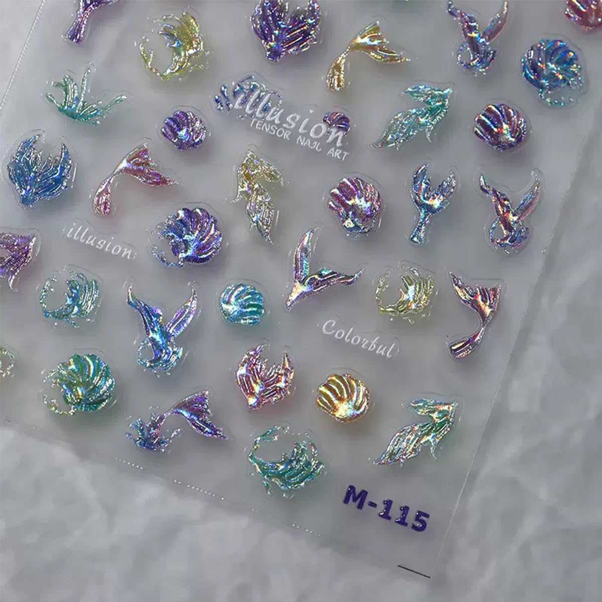 5D Embossed Nail Stickers Summer Nail Art Stickers Sea Waves Nail Decals Self-Adhesive Blue Aurora Fish Tail Designs for DIY Manicure Decoration Hollow Nail Art Supplies for Women