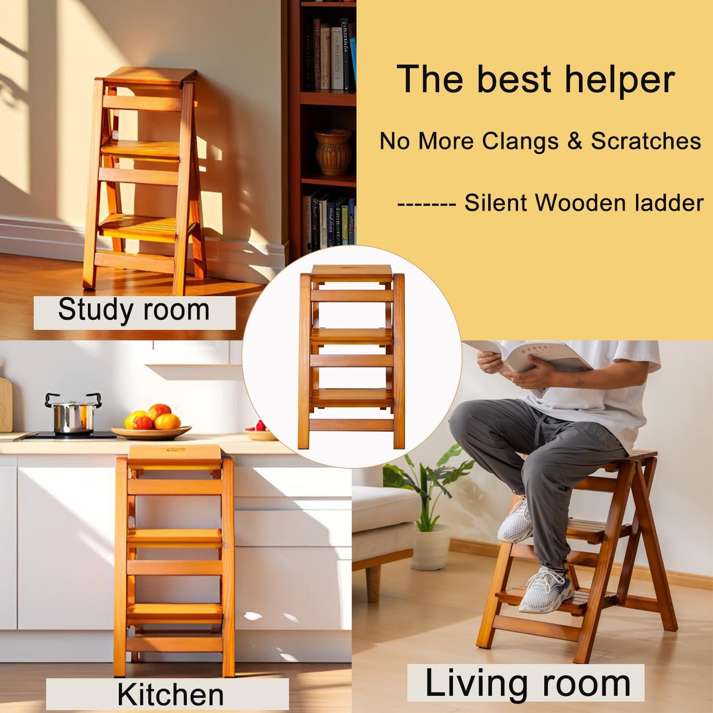 Latifolia Foldable 3 Step Ladder, Wooden Step Stool with Floor Saver, Decorative Ladder Shelf for Living Room, Kitchen, Garden(Walnut)