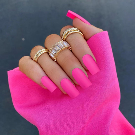 KQueenest Matte Hot Pink Press on Nails Long Medium Square, Neon Pink Fake Nails Medium Coffin, Sheer Color Acrylic Nails Press ons, Reusable Soft Gel Glue on Nails for Women Fall Winter