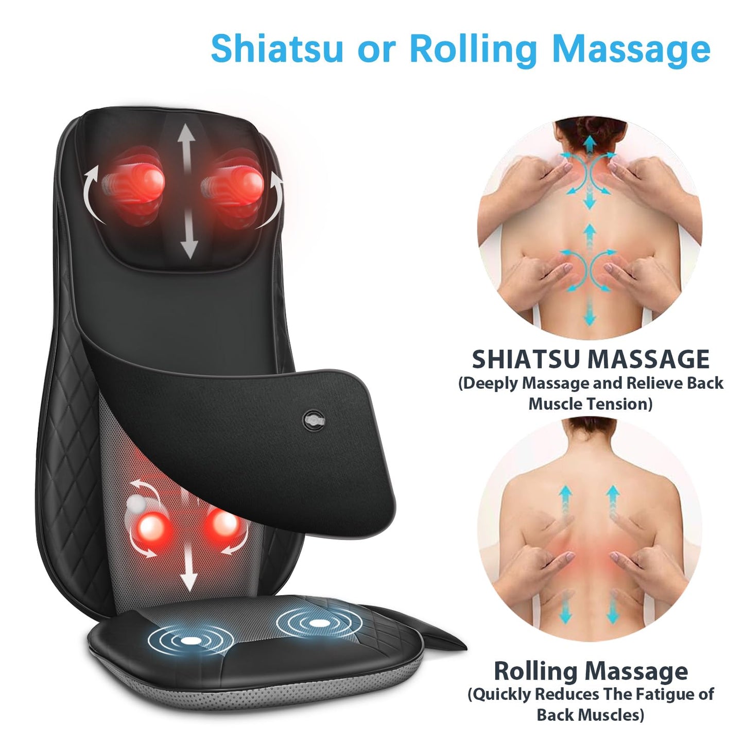 CuPiLo Shiatsu Neck & Back Massager with Heat, Massage Chair Pad Cushion for Stress Relief, Inflatable Flaps Back Support, Kneading or Rolling Chair Seat Massage,Ideal Gifts for Men,Women,Family