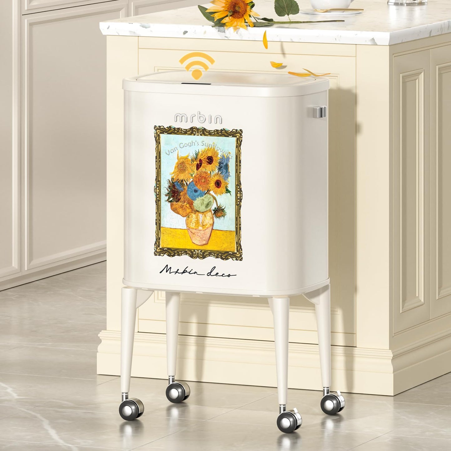 MRBIN Metal Motion Sensor Kitchen Trash Can with Wheel Legs, 36L / 9.5gal Medium Press Lid Slim Waste Basket, Pet Proof Tall Narrow Garbage Pail for Vanity, Bedroom, Bathroom, Living Room, Sunflower