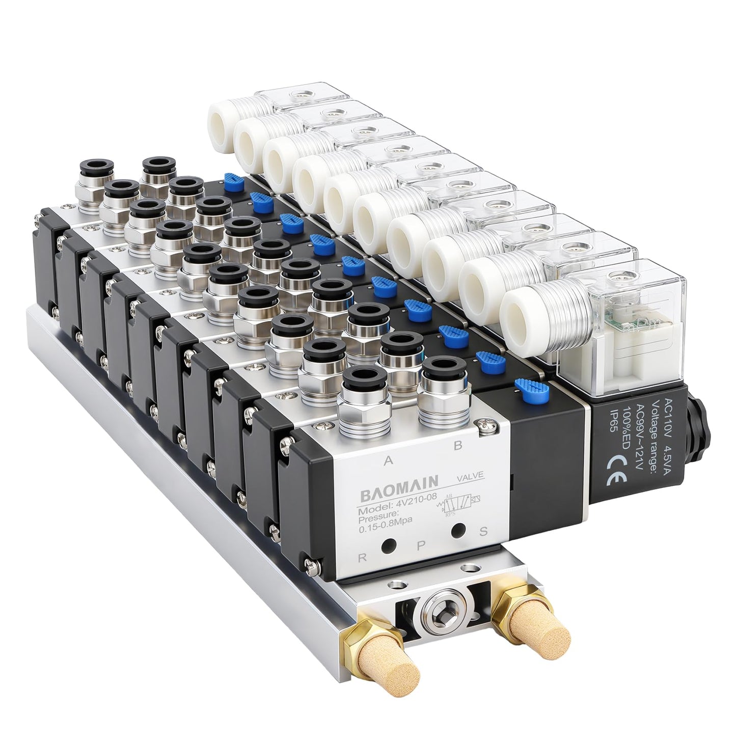 Baomain 10 Station Solenoid Valve Manifold, 110V AC 5 Way 2 Position Pneumatic Air Valve, Ten Solenoid, 1/4" PT Port, Includes Manifold Base & Mufflers, 4V210-08