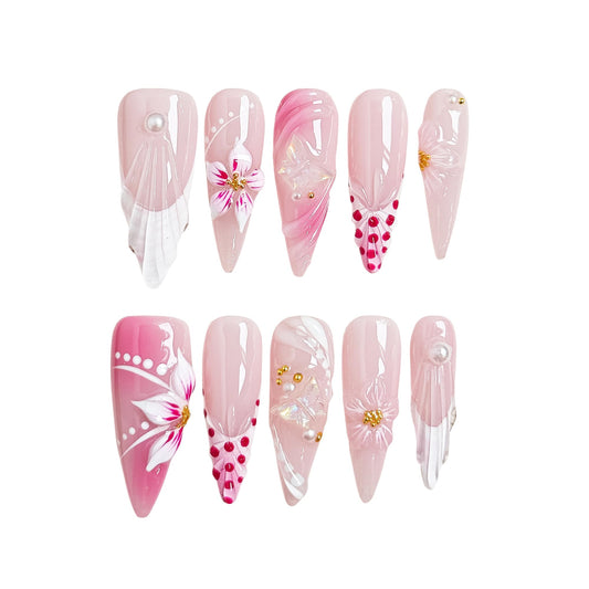 Petal Whisper 10PCS Long Pink Floral Gradient Press On Nails, 3D Flower Pearl Gold Accent Elegant Wedding Fake Nails for Women, Soft Glam Korean Style Acrylic UV Gel Press-On Nails Set (Pink, XS)